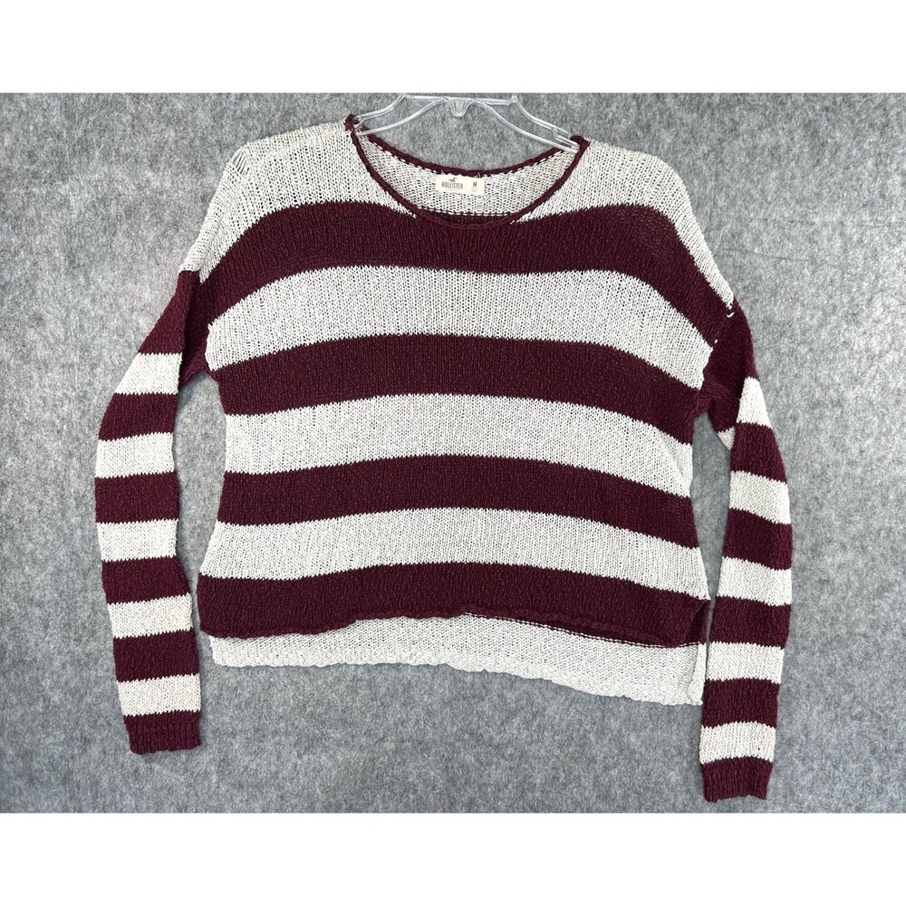 Hollister Cropped Sweater M Red White Stripe Roll Neck Loose Knit Distressed Y2K